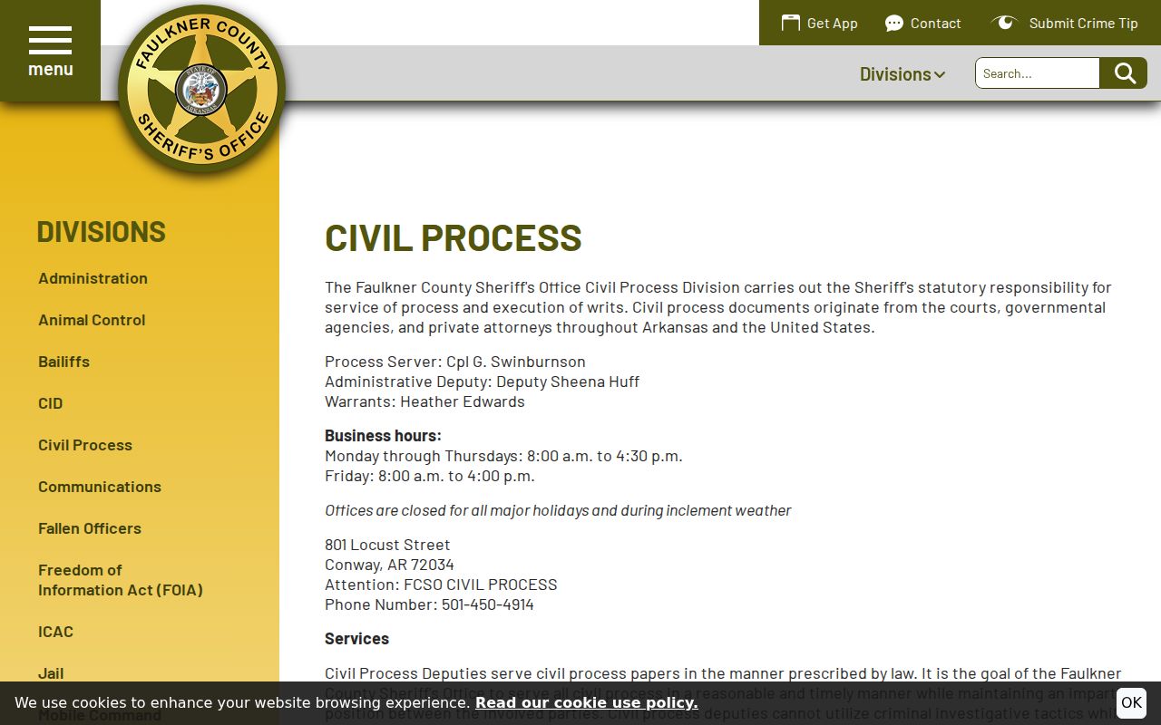 Faulkner County Sheriff Civil Process and warrant contact information