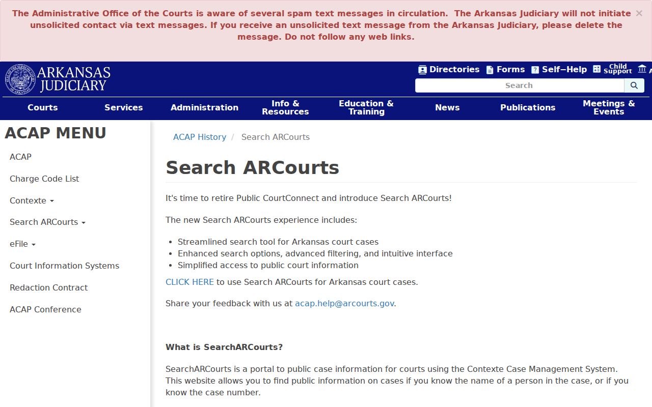 CourtConnect public records access and limitations for an active Faulkner County warrant cross-check