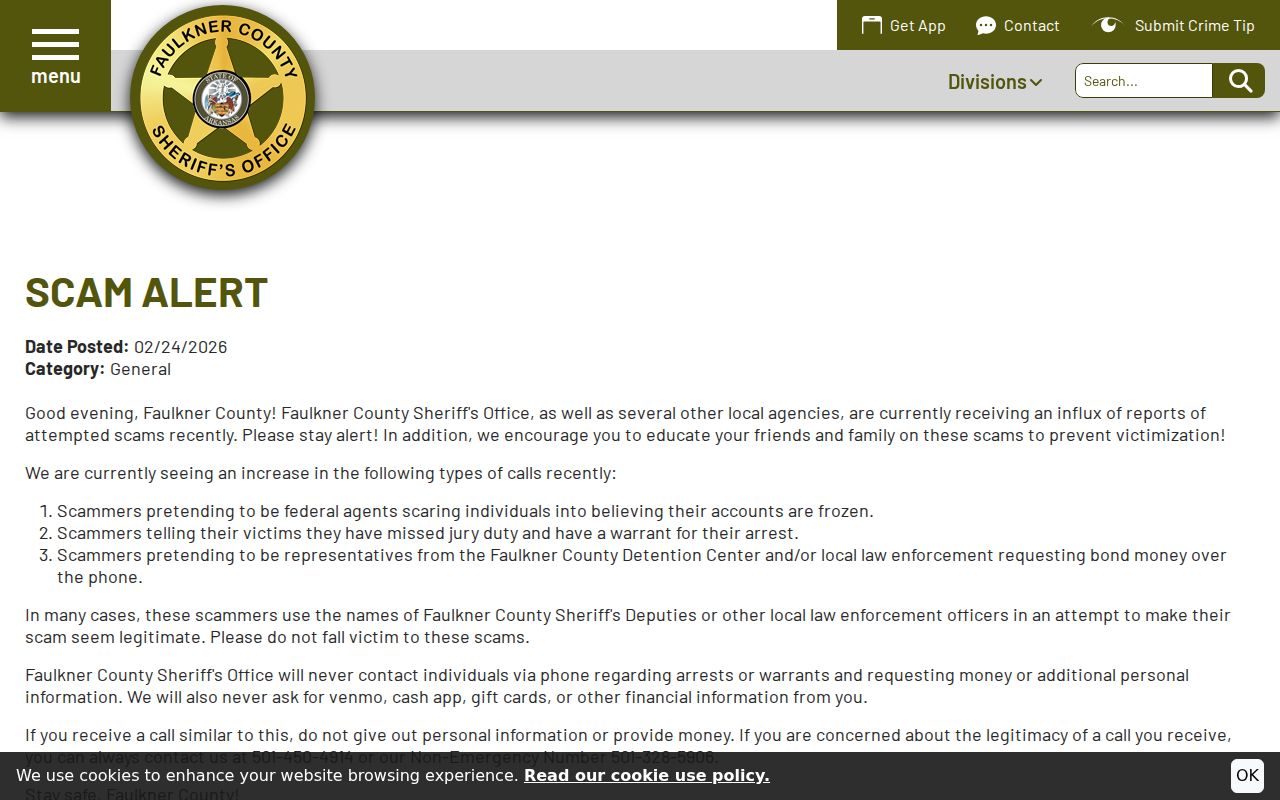 Faulkner County Sheriff warning about fraudulent warrant payment calls