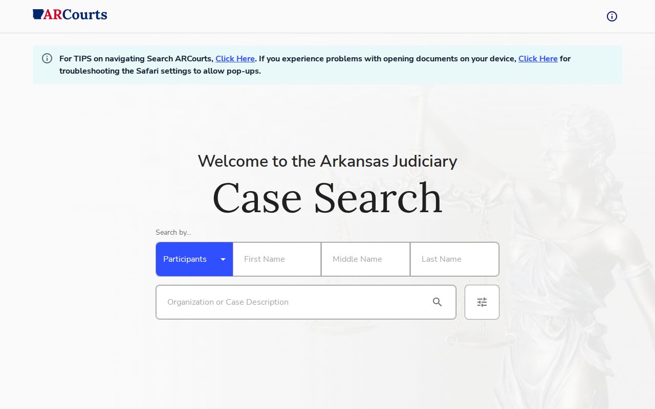 Search ARCourts participant and case-number search choices for Faulkner County cases