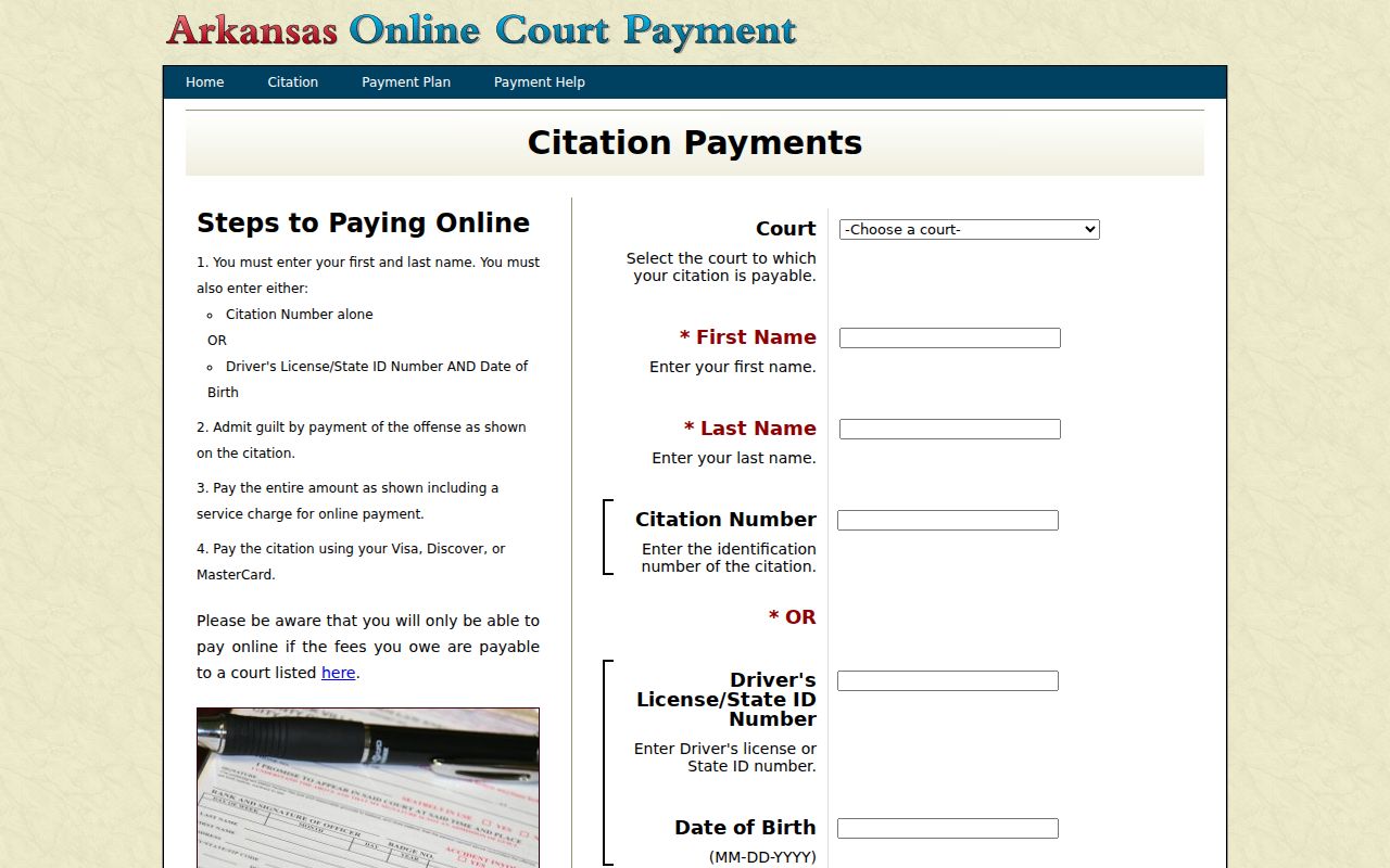 Arkansas court citation lookup fields and payment warning for Faulkner County traffic cases
