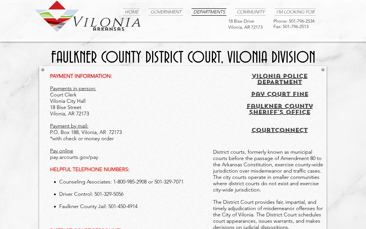 Vilonia District Court clerk, hours, and city warrant payment routes