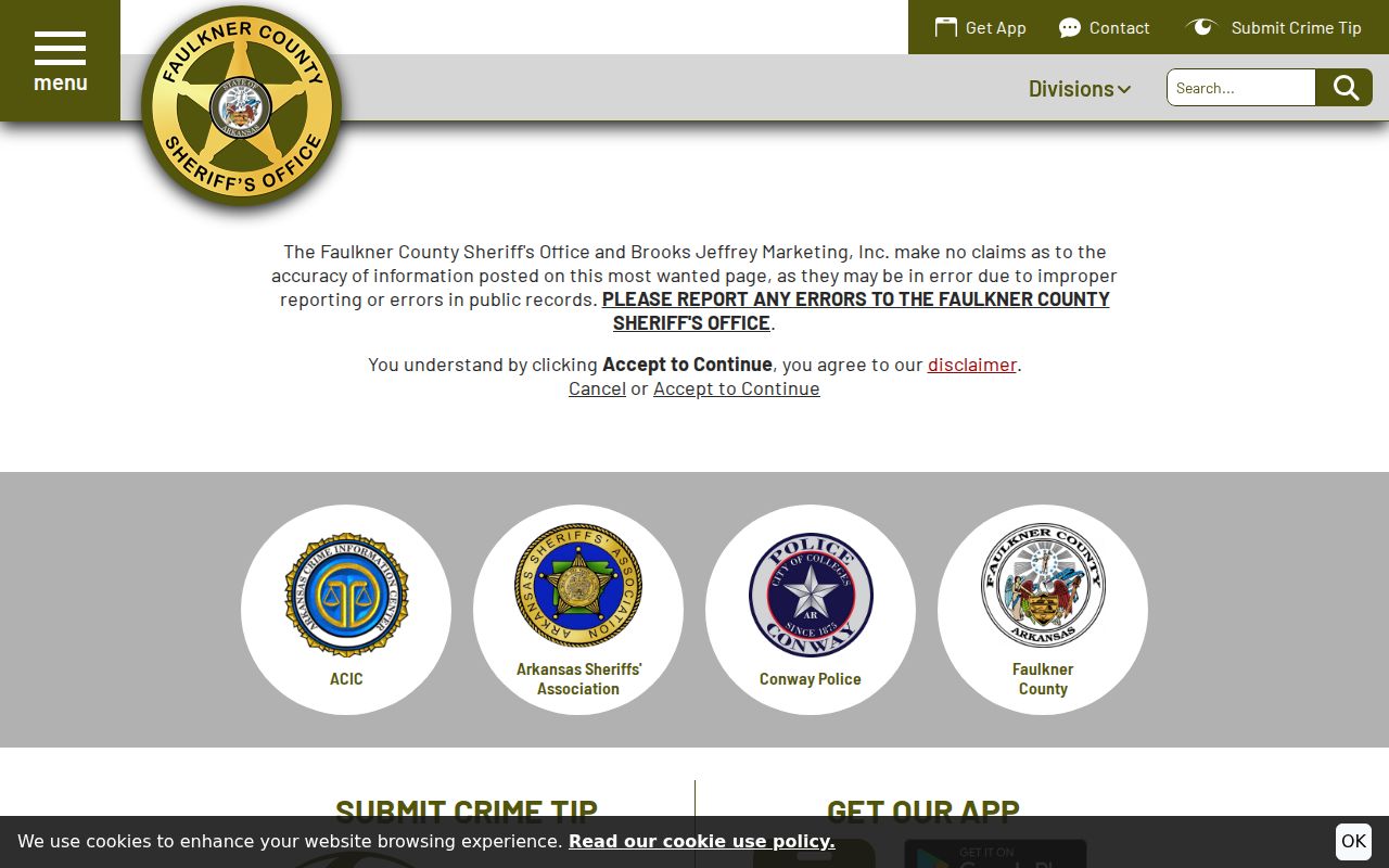 Faulkner County Sheriff's Office most wanted disclaimer and reporting context without profiles